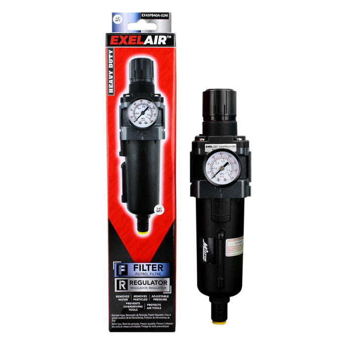 Milton EX45PB40A-02M EXELAIR® FRL Piggyback Air Filter & Regulator, 1/4" NPT, Metal Bowl, Automatic Float