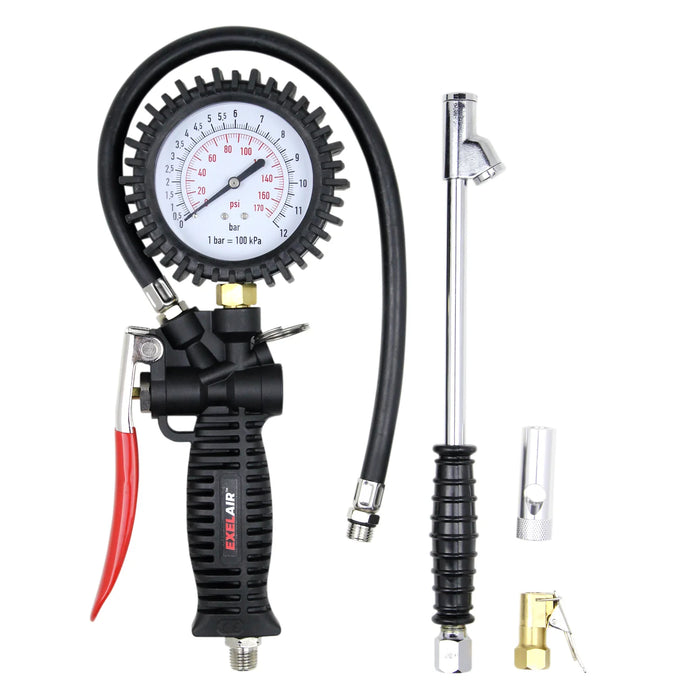 Milton EX536KIT EXELAIR® 3-in-1 Pro Analog Pistol Grip Tire Inflator/Deflator Gauge Kit, 16" Hose, Easy-Clip Chuck, Dual Foot Chuck, and Bonus Venturi Tip, 175 PSI