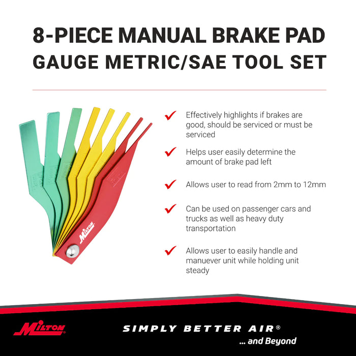 Milton 942 8-Piece Manual Brake Pad Gauge Metric/SAE Tool Set, Easy to Read Color Coded - 2mm to 12mm