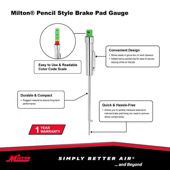 Milton 941 Pencil-Style Brake Pad Gauge, Easy to Read Color Coded, 0 to 20mm