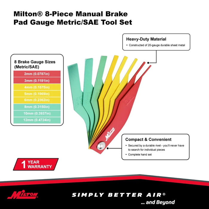 Zeeline 942 - Milton  8-Piece Manual Brake Pad Gauge Metric/SAE Tool Set, Easy To Read Color Coded - 2mm To 12mm