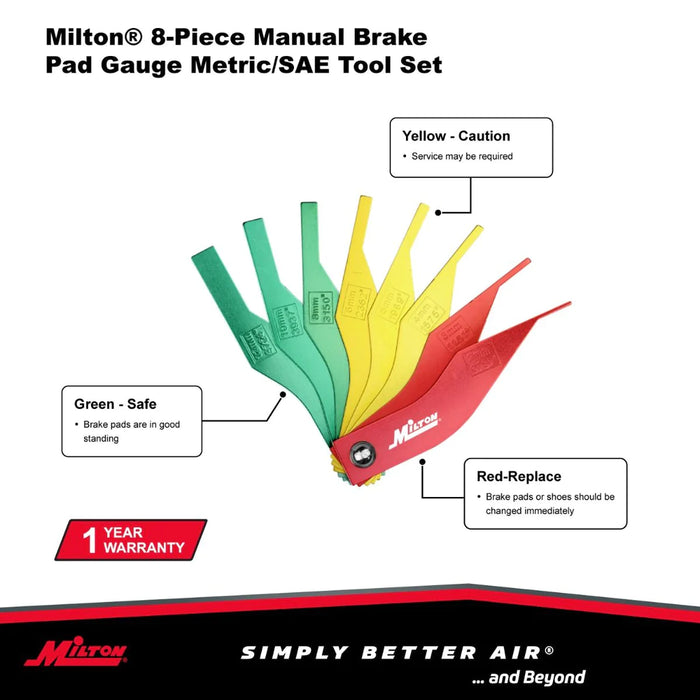 Zeeline 942 - Milton  8-Piece Manual Brake Pad Gauge Metric/SAE Tool Set, Easy To Read Color Coded - 2mm To 12mm