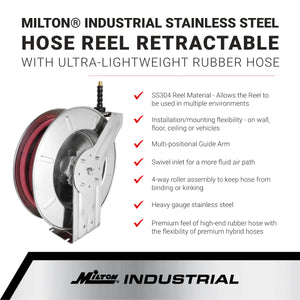 Milton 2752-2514SS Industrial Stainless Steel Hose Reel Retractable, 3/8" ID x 25' Ultra-Lightweight Rubber Hose w/ 1/4" NPT, 300 PSI