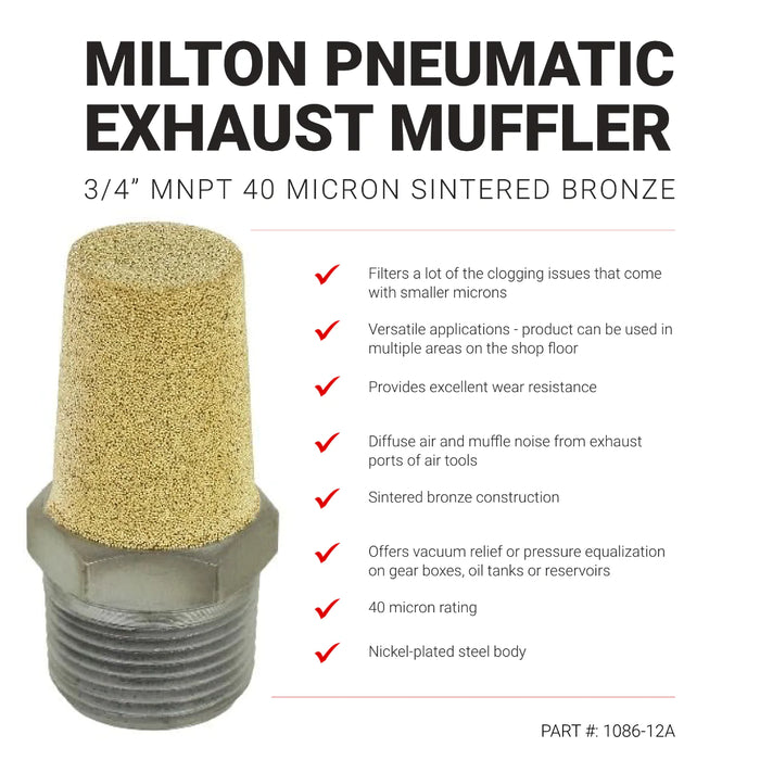 Milton Pneumatic Exhaust Muffler, 3/4” MNPT, 40 Micron Sintered Bronze Silencer/Diffuse Air & Noise Reducer (Box of 25)1086-12ABK