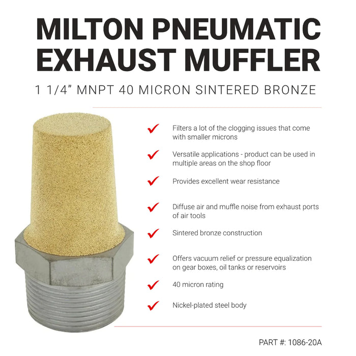 Milton 1086-20ABK Pneumatic Exhaust Muffler, 1 1/4” MNPT 40 Micron Sintered Bronze Silencer/Diffuse air & Noise Reducer - Box of 25