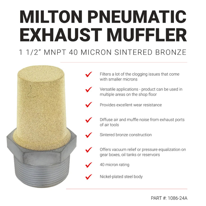 Milton 1086-24ABK Pneumatic Exhaust Muffler, 1 1/2” MNPT 40 Micron Sintered Bronze Silencer/Diffuse air & Noise Reducer - Box of 25