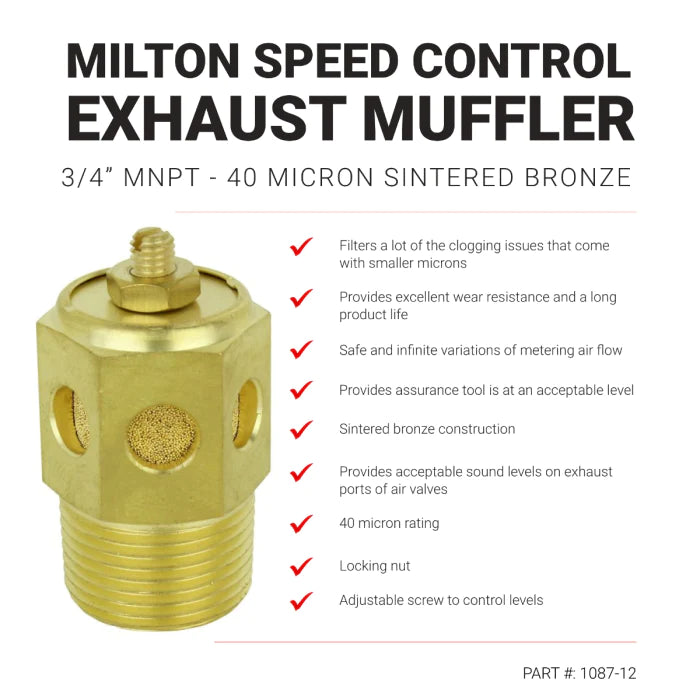 Milton 1087-12 Speed Control Exhaust Muffler, 3/4” MNPT - 40 Micron Sintered Bronze Silencer/Diffuse Air & Noise Reducer