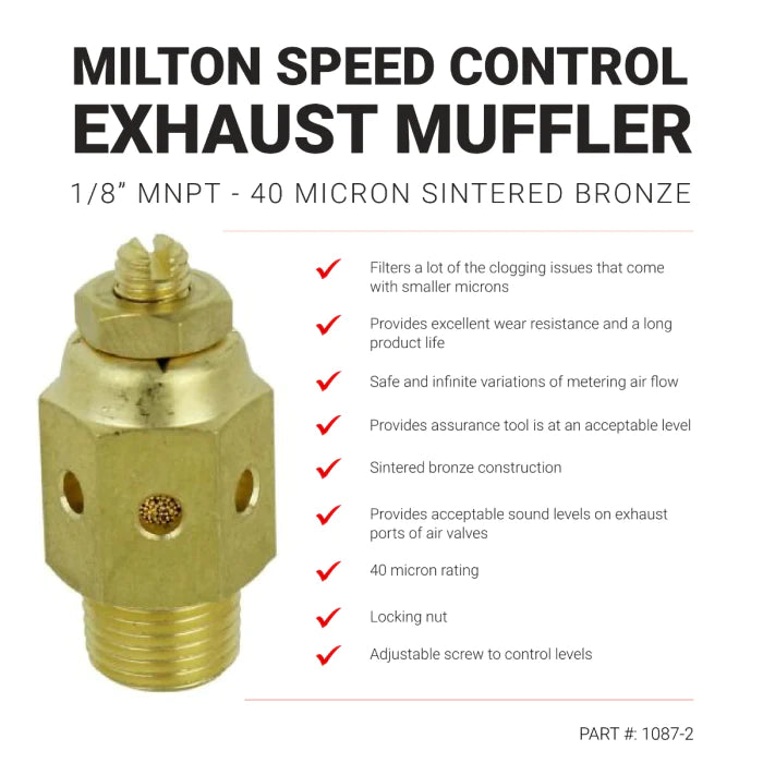 Milton 1087-2 Speed Control Exhaust Muffler, 1/8” MNPT - 40 Micron Sintered Bronze Silencer/Diffuse Air & Noise Reducer