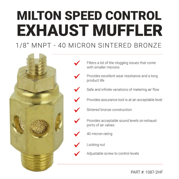 Milton 1087-2HF High Volume Speed Control Exhaust Muffler, 1/8” MNPT - 40 Micron Sintered Bronze Silencer/Diffuse Air & Noise Reducer - Box of 10