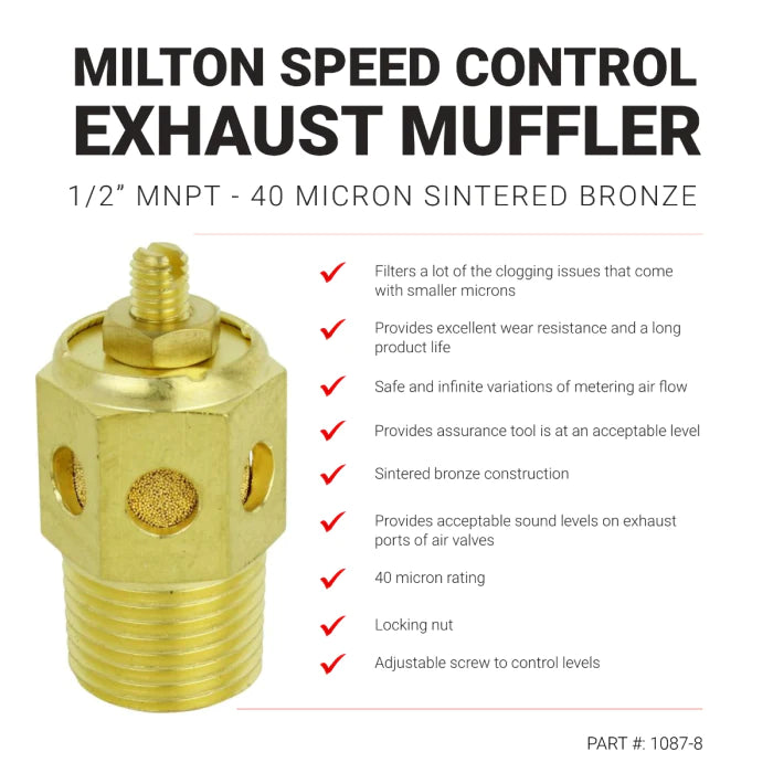 Milton 1087-8 Speed Control Exhaust Muffler, 1/2” MNPT - 40 Micron Sintered Bronze Silencer/Diffuse Air & Noise Reducer