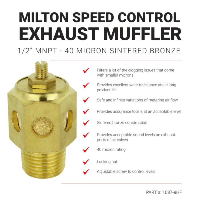 Milton 1087-8HF High Volume Speed Control Exhaust Muffler, 1/2” MNPT - 40 Micron Sintered Bronze Silencer/Diffuse Air & Noise Reducer