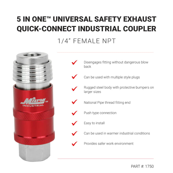 Milton 1750 5 In ONE® Universal Safety Exhaust Quick-Connect Industrial Coupler, 1/4" NPT