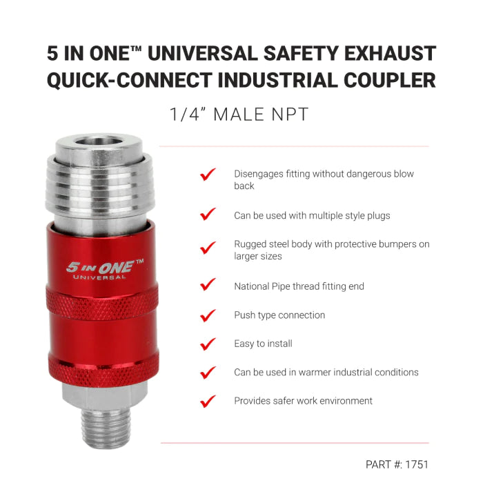 Milton S-1751 5 In One® Universal Safety Exhaust Quick-Connect Industrial Coupler, 1/4" Male NPT (Single Pack)