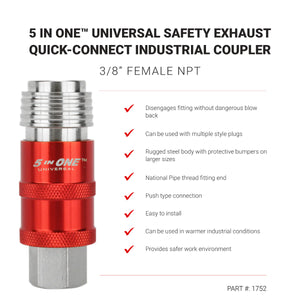 Milton 1752 5 In ONE Universal Safety Exhaust Quick-Connect Industrial Coupler, 3/8" NPT