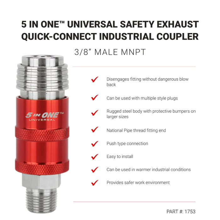 Milton 1753BK 5 In ONE Universal Safety Exhaust Quick-Connect Industrial Coupler, 3/8" NPT