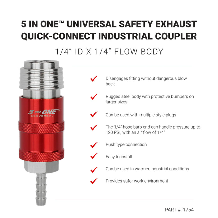 Milton 1754 5 In ONE® Universal Safety Exhaust Hose Barb Industrial Coupler, 1/4" ID x 1/4" Flow Body