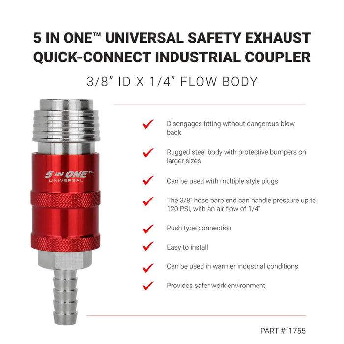 Milton 1755 5 In ONE® Universal Safety Exhaust Hose Barb Industrial Coupler, 3/8" ID x 1/4" Flow Body, Box of 5