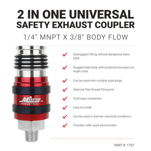 Milton 1756 2 In ONE Universal Safety Exhaust Industrial Coupler, 1/4" NPT x 3/8" Body Flow