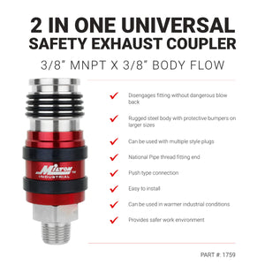Milton 1758 2-In-ONE Universal Safety Exhaust Industrial Coupler, 3/8" NPT x 3/8" Body Flow
