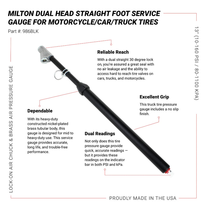 Milton 986BLK  Dual Foot Straight Lock-On Chuck Service Gauge, Matte Black Poly Finish -13" 10-160 PSI