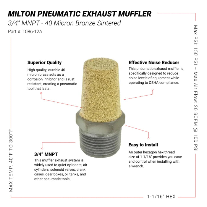 Milton 1086-12A Pneumatic Exhaust Muffler, 3/4” MNPT