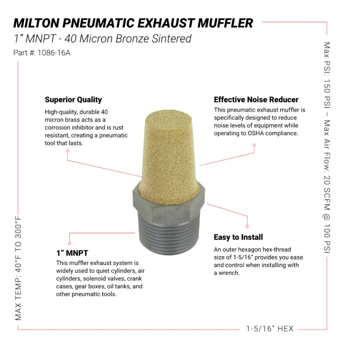 Milton 1086-16A Pneumatic Exhaust Muffler, 1” MNPT