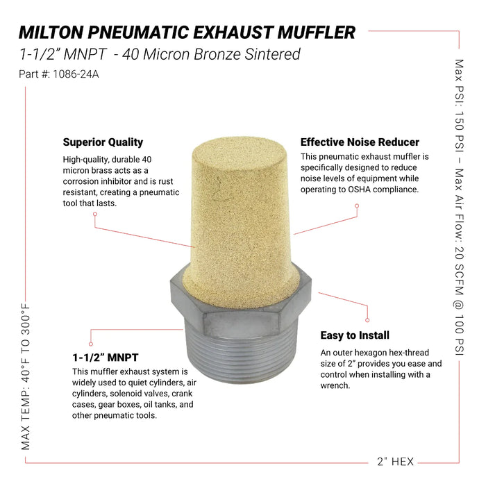 Milton 1086-24A Pneumatic Exhaust Muffler, 1 1/2" MNPT 40 Micron Sintered Bronze Silencer/Diffuse air & Noise Reducer