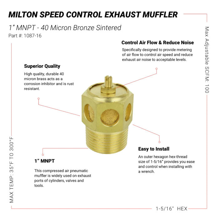 Milton 1087-16 Speed Control Exhaust Muffler, 1” MNPT - 40 Micron Sintered Bronze Silencer/Diffuse Air & Noise Reducer