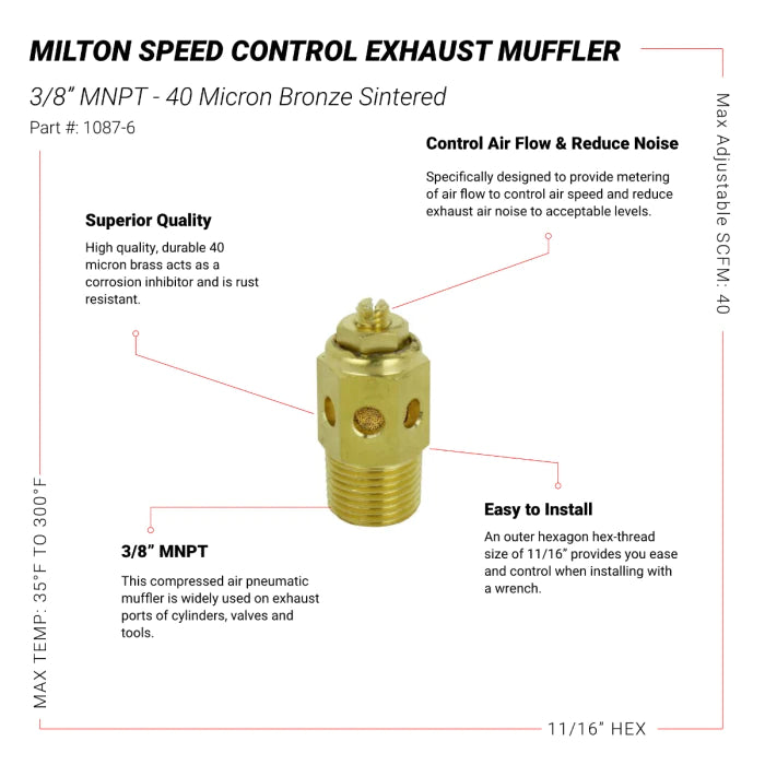 Milton 1087-6 Speed Control Exhaust Muffler, 3/8” MNPT - 40 Micron Sintered Bronze Silencer/Diffuse Air & Noise Reducer