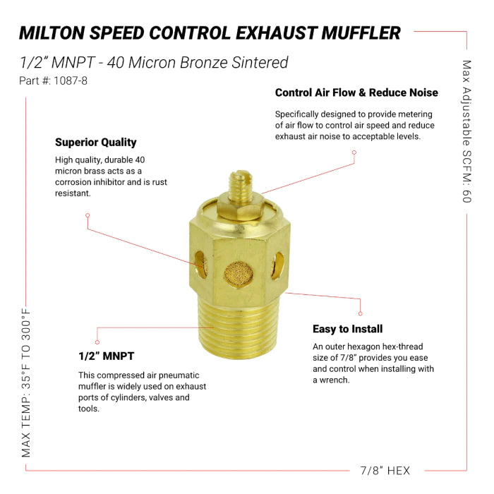 Milton 1087-8 Speed Control Exhaust Muffler, 1/2” MNPT - 40 Micron Sintered Bronze Silencer/Diffuse Air & Noise Reducer