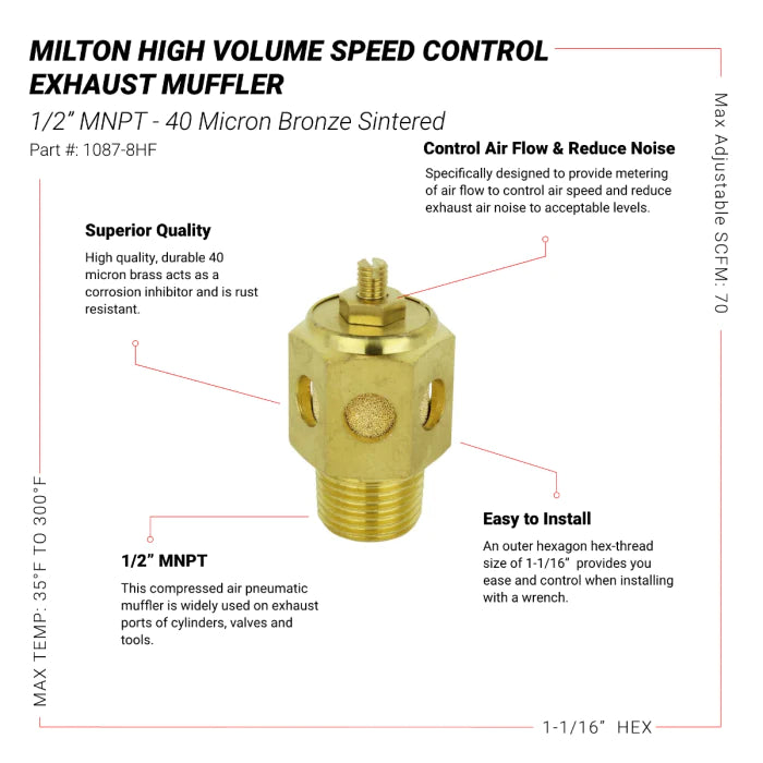 Milton 1087-8HF High Volume Speed Control Exhaust Muffler, 1/2” MNPT - 40 Micron Sintered Bronze Silencer/Diffuse Air & Noise Reducer