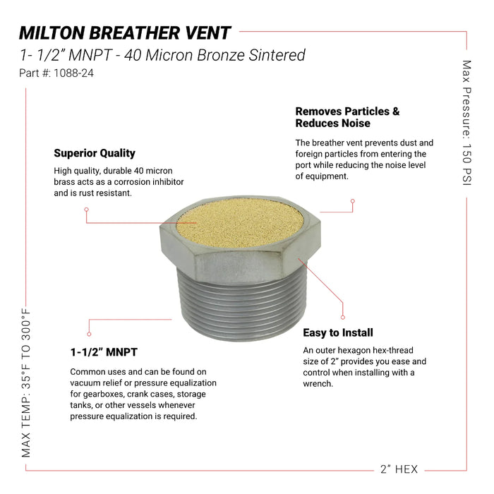 Milton 1088-24 Breather Vent Pneumatic Muffler, 1- 1/2” MNPT - 40 Micron Sintered Bronze Silencer/Diffuse Air & Noise Reducer