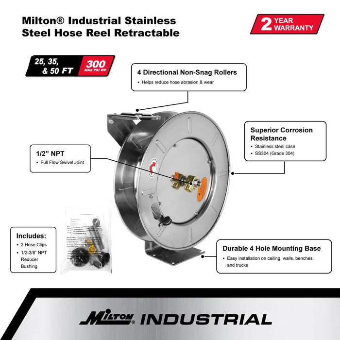 Zeeline 2750-12SS - Milton® Industrial Stainless Steel Hose Reel Retractable, 1/2" NPT, Hose Capacity 25', 35', And 50', 300 PSI (Hose Not Included)