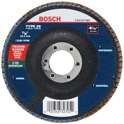 Bosch 4-1/2 X 7/8 TYPE 29 ZIRCONIA FLAP DISC Z 120 GRIT FOR FINISHING/BLENDING  (BULK) FD29450120