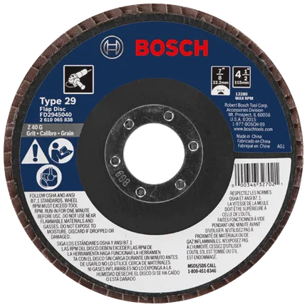 Bosch 4-1/2 X 7/8 TYPE 29 ZIRCONIA FLAP DISC Z 40 GRIT FOR FINISHING/BLENDING  (BULK) FD2945040