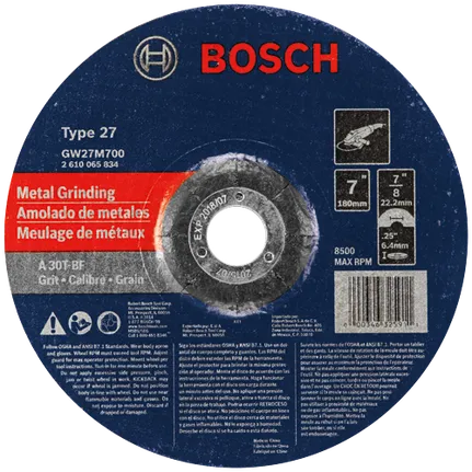 Bosch 7 X 1/4 X 7/8 TYPE 27 GRINDING WHEEL A30T-BF FOR METAL  (BULK) GW27M700