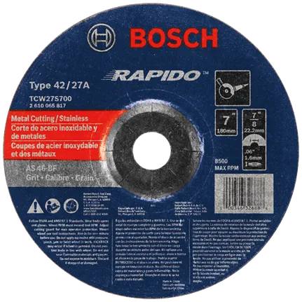 Bosch 7 X 1/16 X 7/8 TYPE 27 THIN CUTTING DISC AS46INOX-BF FOR STAINLESS/METAL  (BULK) TCW27S700
