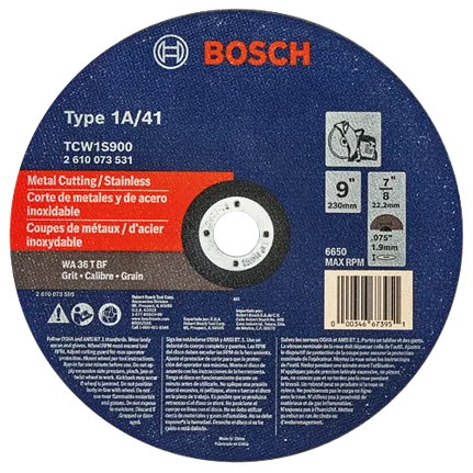 Bosch 9" X .078" X 7/8" TYPE 1 THIN CUTTING DISC FOR STAINLESS/METAL  (BULK) TCW1S900