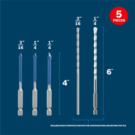 Bosch 5pc Combo Porcelain Tile & Multi-Material Bit Set PTBXMC05