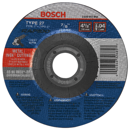 Bosch 4-1/2 X .040 X 7/8 TYPE 27 THIN CUTTING DISC AS60INOX-BF-STAINLESS/METAL  (BULK) TCW27S450