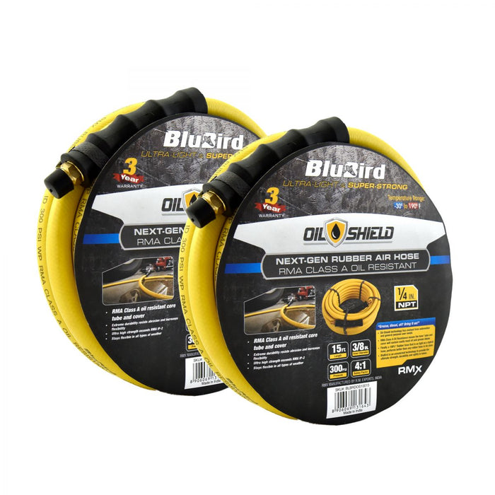 BluBird OilShield Rubber Air Hose Assembly 3/8" X 15'- 3/8" Male-NPT, 300 PSI, Nitrile Class A, 2 Pack OS3815-2pk