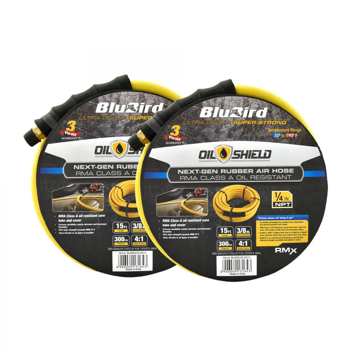 BluBird OilShield Rubber Air Hose Assembly 3/8" X 15'- 3/8" Male-NPT, 300 PSI, Nitrile Class A, 2 Pack OS3815-2pk