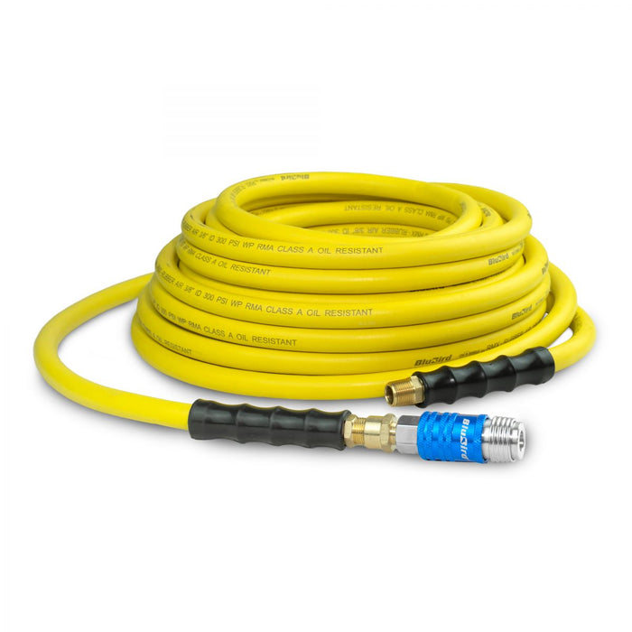 BluBird OilShield Rubber Air Hose 3/8" X 50' - 3/8" Male-NPT, 300 PSI, Nitrile Class A with Universal 5 in 1 coupler OS3850-5CP