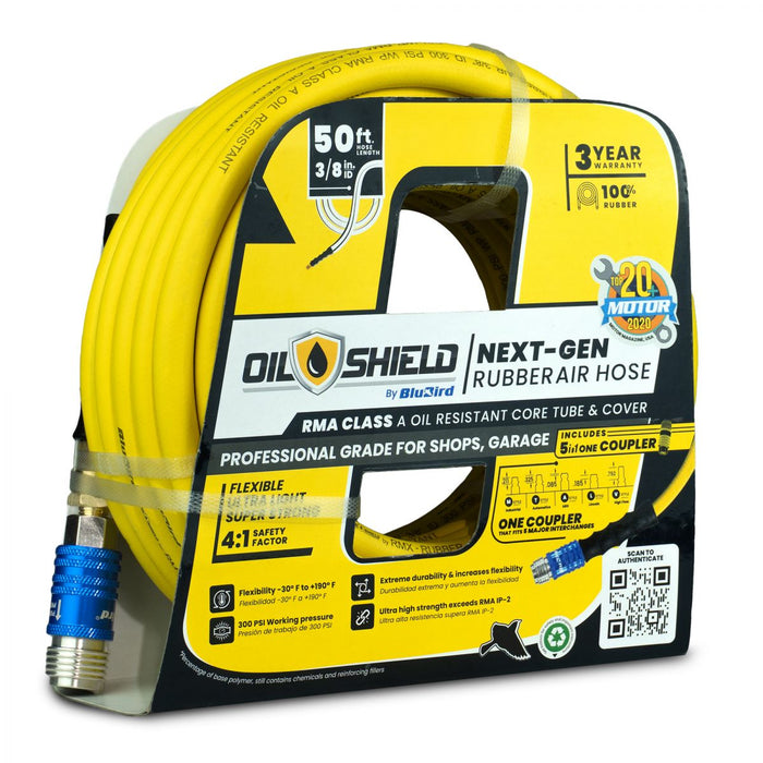 BluBird OilShield Rubber Air Hose 3/8" X 50' - 3/8" Male-NPT, 300 PSI, Nitrile Class A with Universal 5 in 1 coupler OS3850-5CP