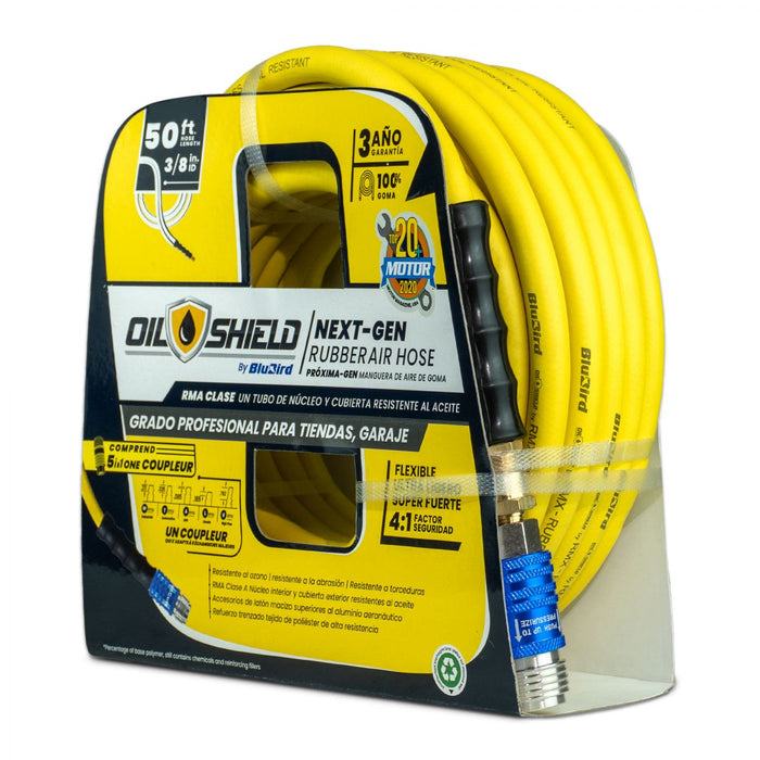 BluBird OilShield Rubber Air Hose 3/8" X 50' - 3/8" Male-NPT, 300 PSI, Nitrile Class A with Universal 5 in 1 coupler OS3850-5CP