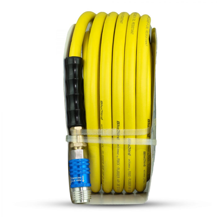 BluBird OilShield Rubber Air Hose 3/8" X 50' - 3/8" Male-NPT, 300 PSI, Nitrile Class A with Universal 5 in 1 coupler OS3850-5CP