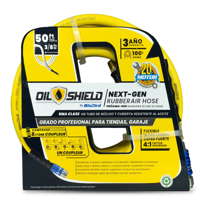 BluBird OilShield Rubber Air Hose 3/8" X 50' - 3/8" Male-NPT, 300 PSI, Nitrile Class A with Universal 5 in 1 coupler OS3850-5CP