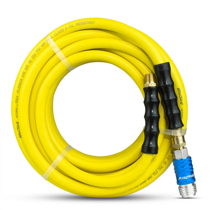 BluBird OilShield Rubber Air Hose 3/8" X 50' - 3/8" Male-NPT, 300 PSI, Nitrile Class A with Universal 5 in 1 coupler OS3850-5CP