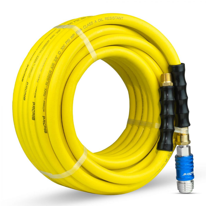 BluBird OilShield Rubber Air Hose 3/8" X 50' - 3/8" Male-NPT, 300 PSI, Nitrile Class A with Universal 5 in 1 coupler OS3850-5CP