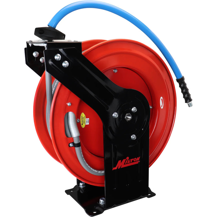 Zeeline by Milton® PWR438100 3/8" x 100' All-In-One Retractable Pressure Washer Hose Reel | 1 Unit | 4,100 PSI | Aramid/Kevlar-Braided Hose | 12-Point Ratchet | 225° Guide Arm | M22 Connections | For Heavy-Duty Commercial & Industrial Use